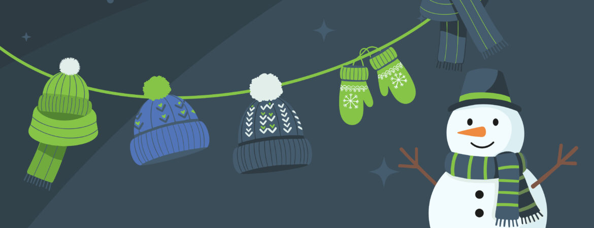 a wintery illustration with hats and gloves on a clothesline with a snowman