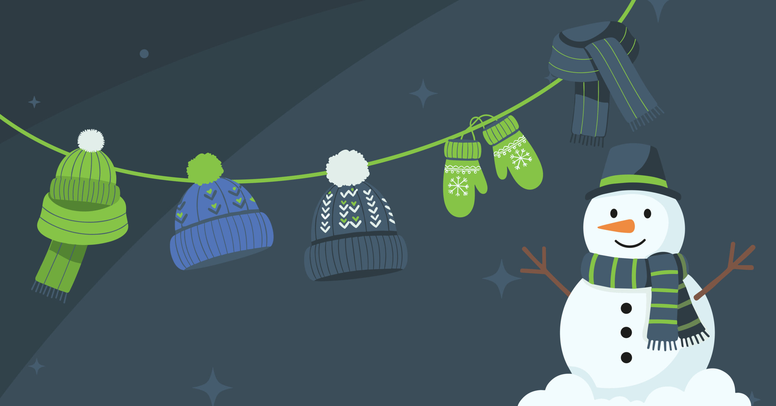 a wintery illustration with hats and gloves on a clothesline with a snowman